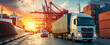 © pinkrabbit - Container truck in ship port for business Logistics and transportation of Container Cargo ship and Cargo plane with working crane bridge in shipyard at sunrise, logistic import export and transport