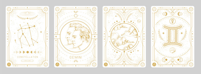 Wall Mural - Set of Modern magic witchcraft cards with astrology Gemini zodiac sign characteristic. Vector illustration