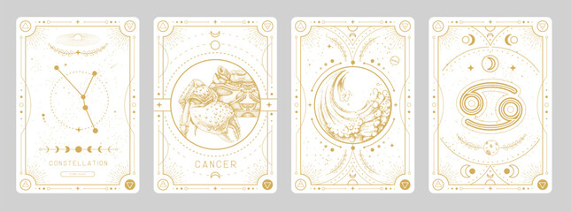 Wall Mural - Set of Modern magic witchcraft cards with astrology Cancer zodiac sign characteristic. Vector illustration