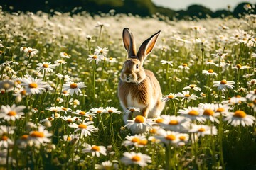 Wall Mural - A playful rabbit hopping through a field of daisies, its ears perked up in excitement, capturing the essence of a carefree bunny enjoying nature.
