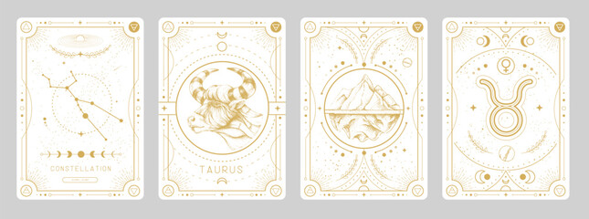 Wall Mural - Set of Modern magic witchcraft cards with astrology Taurus zodiac sign characteristic. Vector illustration