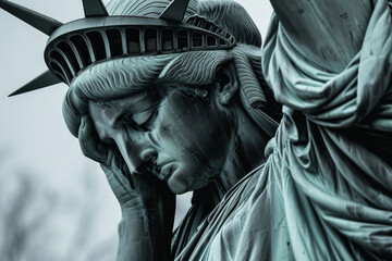 Wall Mural - Emotional statue of liberty with her head in hands. American state of grief and depression