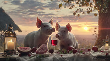 Valentine Day For Pig Couple That Has Candle Light Dinner With Fine Dining Table Set Wine On The Farm