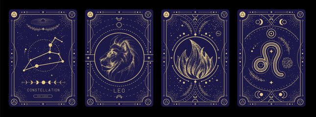 Wall Mural - Set of Modern magic witchcraft cards with astrology Leo zodiac sign characteristic. Vector illustration