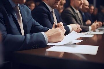 politician sitting at a table with his hands on documents during a political conference