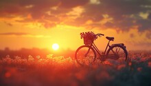 An Artistic Composition Featuring A Silhouette Of A Bicycle With A Flower Basket, Outlined Against The Warm Hues Of A Sunset, Portrayed In