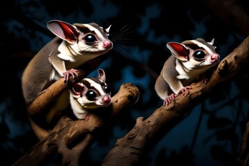 Wall Mural - A pair of curious sugar gliders exploring a tree branch in the moonlight, their wide-eyed expressions embodying the nocturnal charm of these tiny marsupials.