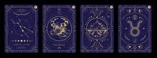 Set Of Modern Magic Witchcraft Cards With Astrology Taurus Zodiac Sign Characteristic. Vector Illustration