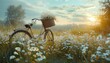 A countryside landscape featuring a bicycle with a flower basket, parked amid tall grass and wildflowers, creating a serene