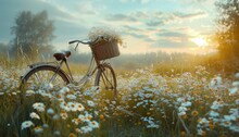 A Countryside Landscape Featuring A Bicycle With A Flower Basket, Parked Amid Tall Grass And Wildflowers, Creating A Serene