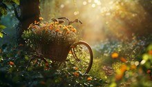 A Serene Countryside Scene Featuring A Bicycle With A Woven Flower Basket, Surrounded By Lush Greenery And Bathed In Soft Sunlight In Glorious