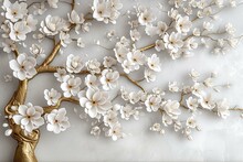 Background Of A Flowery Tree In 3D With White Flowers And Golden Stems. Interior Wall Furnishings.