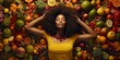 A vibrant health scene where a vibrant healthy athletic Black woman on floor eyes looking fruits and vegetables