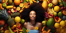 A Vibrant Health Scene Where A Vibrant Healthy Athletic Black Woman On Floor Eyes Looking Fruits And Vegetables