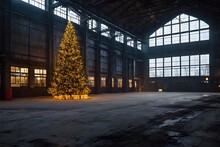 Alte Dunkle Industriehalle Mit Beleutetem Weihnachtsbaum - KI Generiert