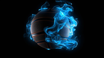  black basketball with bright blue glowing neon lines on dark background