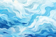 Blue Oceans Background, Swirling Water, Abstract Ocean Swell Or Wave. Colorful Turbulence, Environmental Awareness, Freehand Painting. Underwater Blue Abstract Wave Artwork.