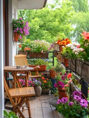 Wall Mural - Beautiful balcony with comfortable chairs, wooden table and many potted flowers plants. Generative AI