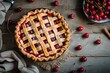 Homemade cherry pie on rustic background.