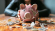 A person staring at a broken piggy bank, contemplating the consequences of financial mismanagement.