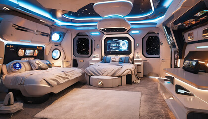 a futuristic spaceship bedroom with control panels and space-themed bedding. ai generativ