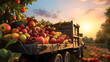 © linda_vostrovska - Vintage truck carrying various types of fruits in an orchard with sunset. Concept of food transportation, logistics and cargo.