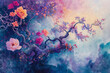 watercolor background with flowers, soft colors, blossom, tree with flowers, painting