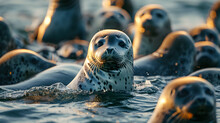 Seal Family In The Ocean Water With Setting Sun Shining. Group Of Wild Animals In Nature.