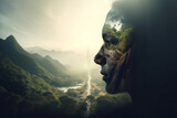 Fototapeta Natura - Nature, human connection with nature, environment concept. Human face silhouette made from greenery in forest background with copy space. Abstract minimalist illustration