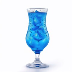 Blue cocktail in a hurricane glass, clear ice cubes, condensation on glass, white background, isolated