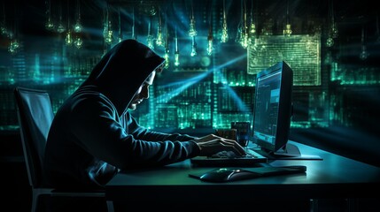 Poster - A side view of a male hacker in a hood sitting at a computer on a dark background in the server room. Cybersecurity, coding, malware concept, digital world technology concepts.
