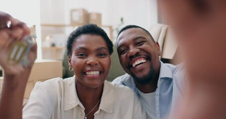 Sticker - Couple, new house and selfie with boxes and key for celebration, mortgage or investment with smile. African, man and woman in real estate property with achievement, first home and commitment or love