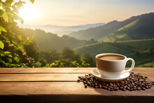 Hot Coffee Cup On Table With Mountain View