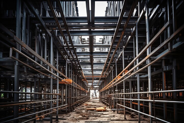  Deserted industrial warehouse interior with a symmetrical array of steel beams and sunlight streaming in