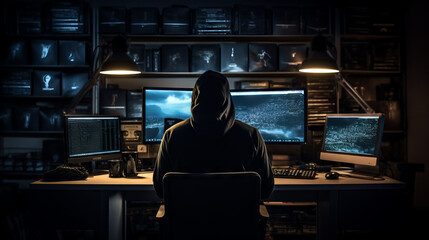 Poster - Rear view of a hacker in a black hood working in a dimly lit room, a server room. Cybercrime, illegal actions, code breaking concepts.