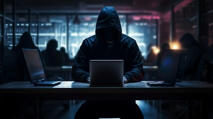 Poster - A hacker in a black hood, with his face hidden in the shadows, working in a dimly lit room, a server room. Cybercrime, illegal actions, code breaking concepts.