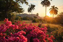 Beautiful Sunset In The Tropical Jungle. Landscape With Bougainvillea Flowers.
