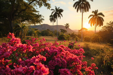 Wall Mural - Beautiful sunset in the tropical jungle. Landscape with bougainvillea flowers.