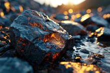 Coals On The Shore Of The Lake In The Rays Of The Setting Sun