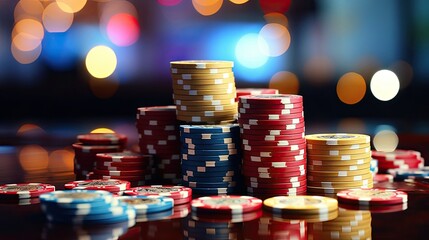 Casino theme, pile of golden and red casino chips, dice and laptop on dark background