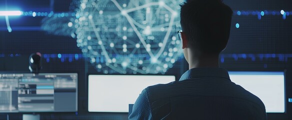 Wall Mural - a asian man in front of computers, digital technology, dark blue and light aquamarine, business network connection. data exchange, security of financial investment information. generative AI