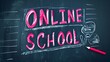 Back to ONLINE SCHOOL background with editable text effect and icon chalk style on black board. 3d Pencil Illustration.