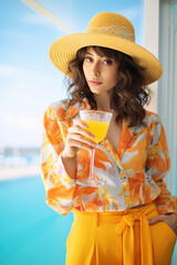 Wall Mural - Sun-Kissed Serenity: A Beautiful Young Woman Enjoying Tropical Vacation by the Clear Blue Sea