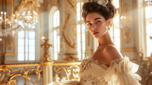 Portrait Of A Beautiful Young Girl In A Haute Couture Dress Standing In A Luxurious Palace Interior
