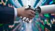 hand of businessman and robot handshake agree or deal on business and investment with stock market background