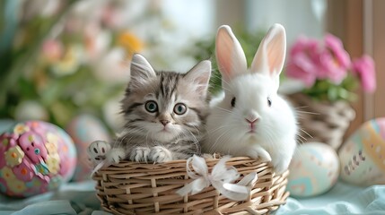 Poster - Kitten and a white bunny snugly nestled in a vibrant Easter basket 