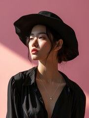 Wall Mural - Beautiful Asian woman posing in a black hat and black clothes