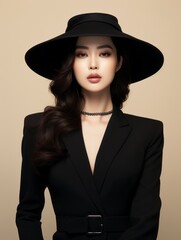 Wall Mural - Beautiful Asian woman posing in a black hat and black clothes