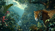 Amazon Rainforest With A Jaguar In The Foreground And The Amazon River In The Background