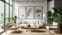 Mockup, Modern Living Room From Which Hang Three Large Pictures